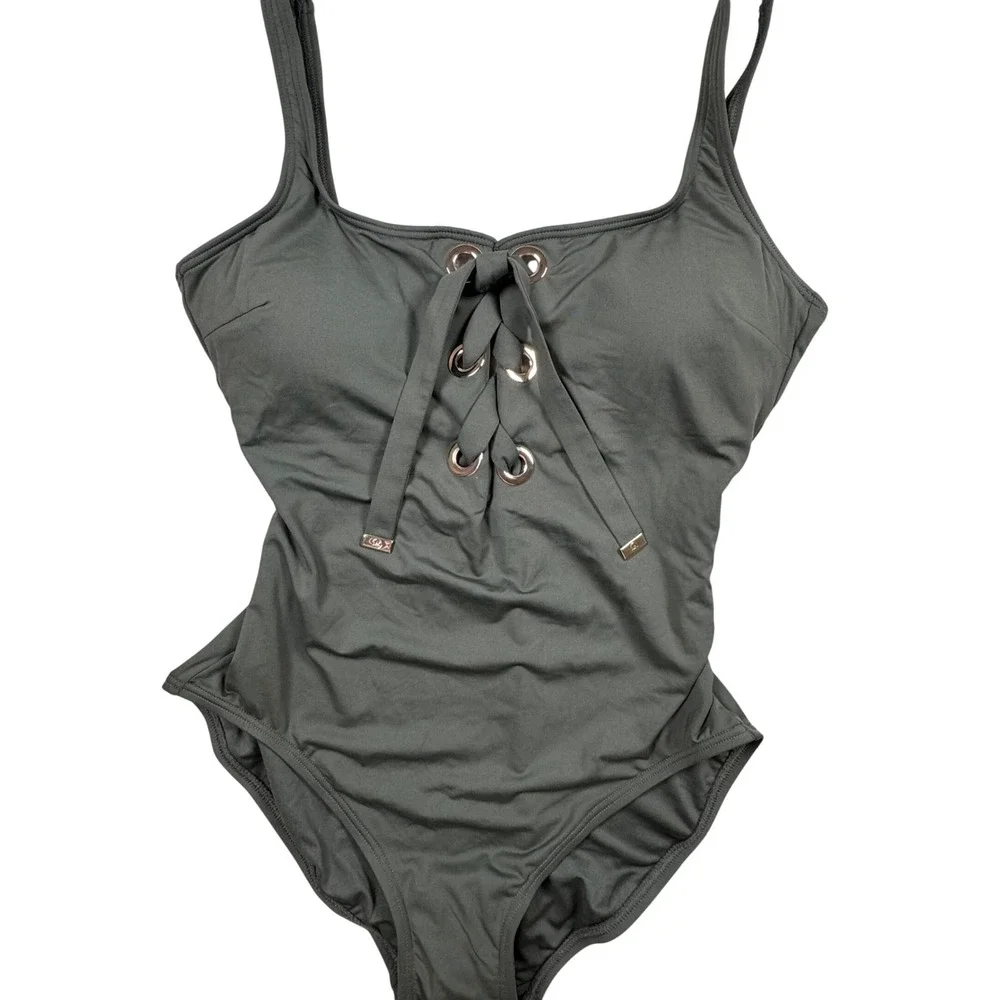 Michael Kors One Piece Swimsuit Women 14 Olive Green Lace Up Grommet - Picture 3 of 6